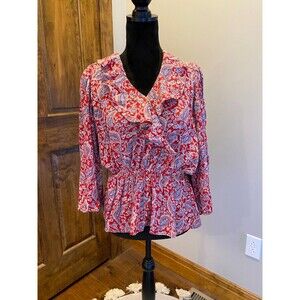 Chaps Blouse Womens Top Size Small Petite Red Paisley Peasant Elastic Waist